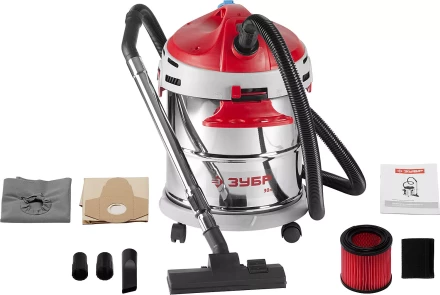 Пылесос ЗУБР сухая и влажная уборка, нержавеющая сталь, усиленное основание, розетка до 2000Вт, 30л, 1400Вт ЗППУ-1400-30 купить в Челябинске