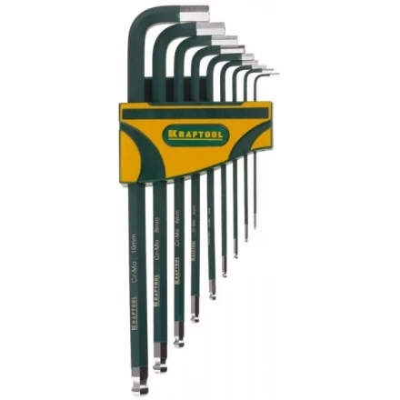 Набор ключей имбусовых KRAFTOOL &quot;INDUSTRIE&quot; длинные,шарик,Cr-Mo сталь(S2),хром покрыт с противоск напыл,HEX1,5-10мм,9шт 27445-H9 купить в Челябинске