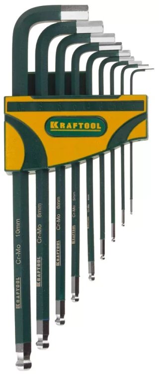Набор ключей имбусовых KRAFTOOL "INDUSTRIE" длинные,шарик,Cr-Mo сталь(S2),хром покрыт с противоск напыл,HEX1,5-10мм,9шт 27445-H9 купить в Челябинске