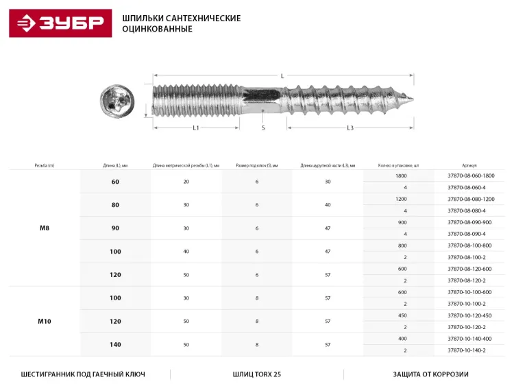 ЗУБР "МАСТЕР". Шпилька сантехническая, шестигранник, Torx 25, оцинкованная, М10x140мм, 400шт 37870-10-140-400 купить в Челябинске