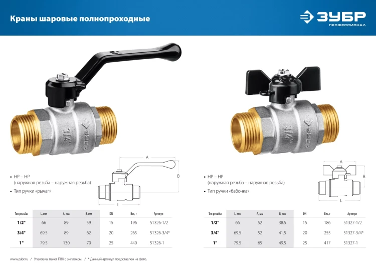 ЗУБР d 1, ручка-рычаг, папа-папа, полнопроходной шаровой кран (51326-1) купить в Челябинске
