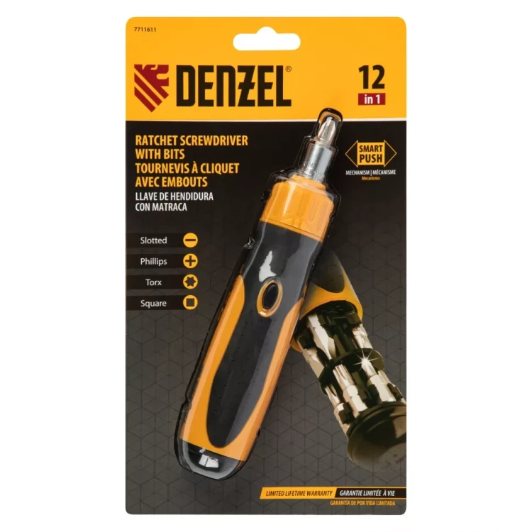 Отвертка реверсивная Denzel 7711611, механизм SmartPush 12 шт, S2 купить в Челябинске