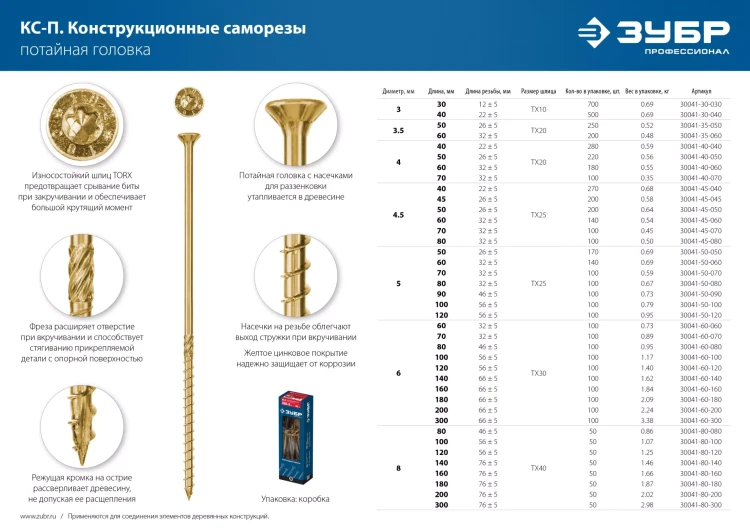 ЗУБР КС-П, 70 х 4.5 мм, TX25, потайная головка, желтый цинк, 100 шт, конструкционный саморез, Профессионал (30041-45-070) купить в Челябинске