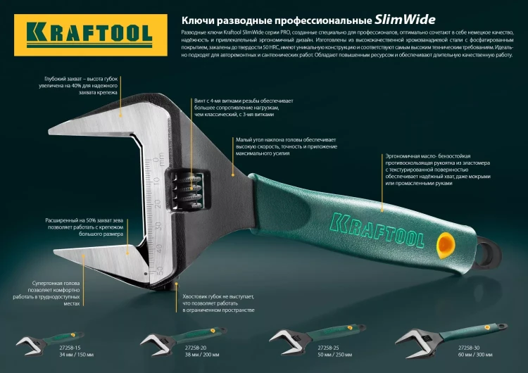 Ключ разводной SlimWide, 200 / 38 мм, KRAFTOOL 27258-20 купить в Челябинске