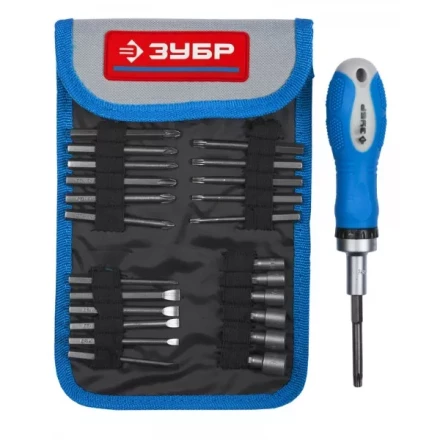 Набор ЗУБР Отвертка &quot;ЭКСПЕРТ&quot; реверcивная, 2-хкомп. ручка, биты 65мм, торцовые головки, 25пред. 25281-H25 купить в Челябинске