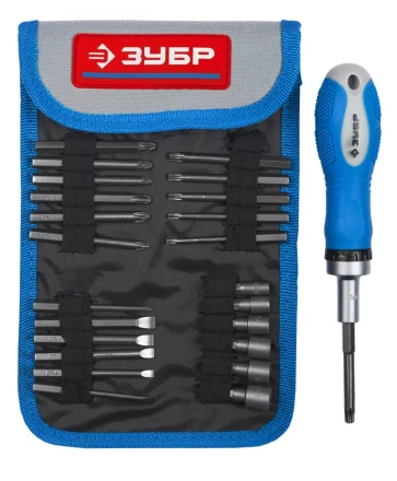 Набор ЗУБР Отвертка &quot;ЭКСПЕРТ&quot; реверcивная, 2-хкомп. ручка, биты 65мм, торцовые головки, 25пред. 25281-H25 купить в Челябинске