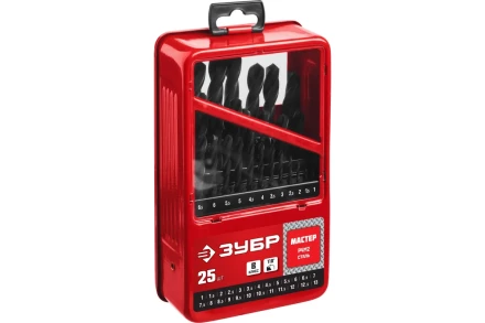 ЗУБР 25 шт, (1-13 мм), сталь Р4М2, класс В, мет.бокс, набор сверл по металлу (29605-H25) купить в Челябинске
