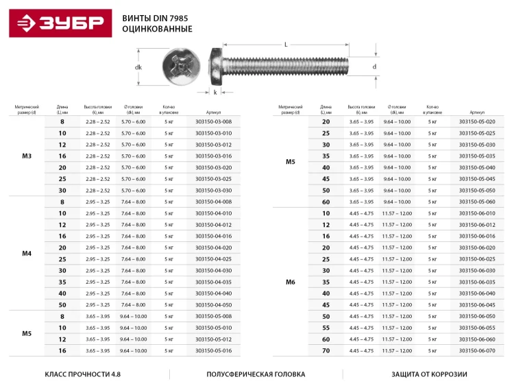 Винт ЗУБР "МАСТЕР" DIN 7985, класс прочности 4.8, оцинкованный, M6x10мм, 5кг 303150-06-010 купить в Челябинске