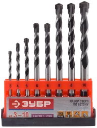 Набор сверл по бетону усиленные ЗУБР 3 шт d 6-8-10 мм трехгранный хвостовик Профессионал 2916-H3