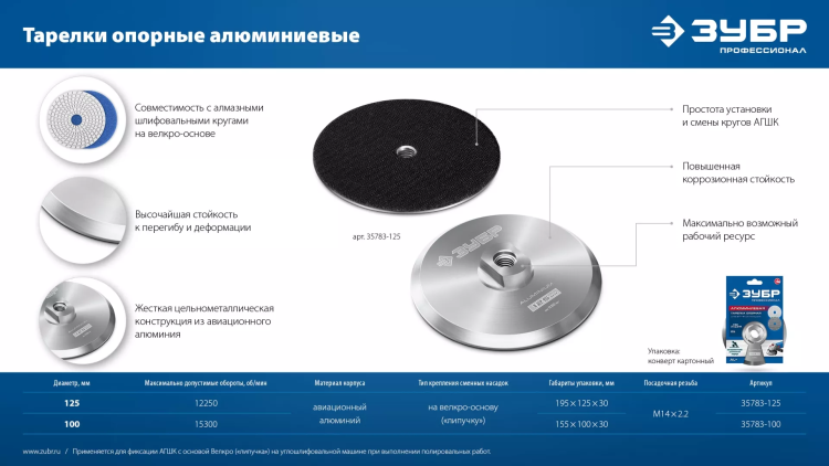 ЗУБР d 125 мм, М14, держатель алюминиевый для АГШК, ПРОФЕССИОНАЛ (35783-125) купить в Челябинске