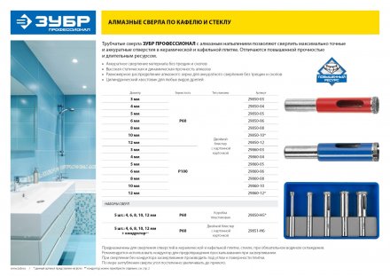 Сверло ЗУБР алмазное трубчатое по стеклу, зерно 100, 5мм 29860-05 купить в Челябинске