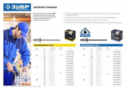 Заклепки ЗУБР из нержавеющей стали, 4,0x16мм, 500шт 31315-40-16 купить в Челябинске