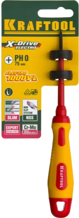 Отвертка KRAFTOOL, высоковольтная, Cr-Mo-V стержень, двухкомпонент. маслобензостойкая рукоятка, PH №0, 60мм 250084-0-060 купить в Челябинске