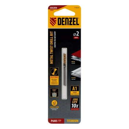 Сверло спиральное по металлу Denzel 2 x 49 мм, Р6М5, Golden Tip , 2шт., 718223 купить в Челябинске
