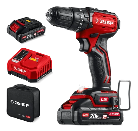 ЗУБР 20 В, 45 Нм, 2 АКБ LMS (2 Ач), бесщеточная ударная дрель-шуруповерт, сумка (ДБУ-45-22) купить в Челябинске