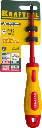 Отвертка KRAFTOOL, высоковольтная, Cr-Mo-V стержень, двухкомпонент. маслобензостойкая рукоятка, PH №2, 100мм 250084-2-100 купить в Челябинске