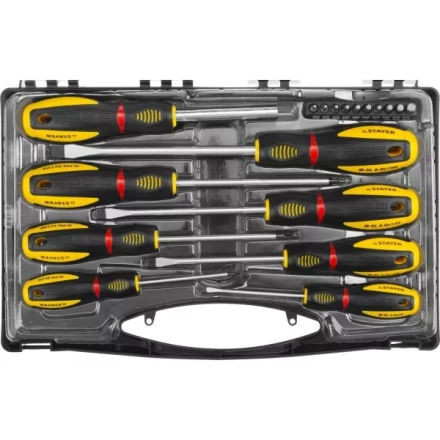 Набор STAYER &quot;PROFESSIONAL&quot; &quot;PROTech&quot;: Отвертки, Cr-Mo, двухком рукоят, отвертки 7шт, отвертка-битодержатель, биты 10шт 25133-H8_z02 купить в Челябинске