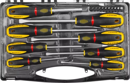 Набор STAYER &quot;PROFESSIONAL&quot; &quot;PROTech&quot;: Отвертки, Cr-Mo, двухком рукоят, отвертки 7шт, отвертка-битодержатель, биты 10шт 25133-H8_z02 купить в Челябинске