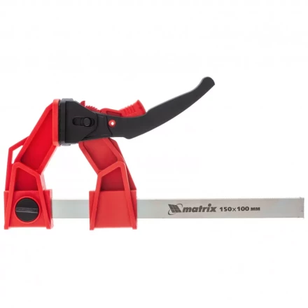 Струбцина реечная быстрозажимная усиленная пластиковый корпус рычажно-храповой механизм 150 х 100 х 306 мм штанга 5 х 22 мм Matrix 20725 купить в Челябинске
