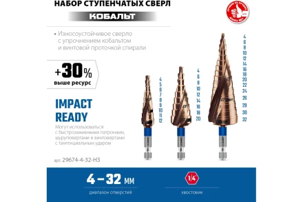 ЗУБР КОБАЛЬТ 3 шт, 4-32мм, винтовая проточка, набор ступенчатых сверл, ПРОФЕССИОНАЛ (29674-4-32-H3) купить в Челябинске
