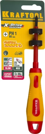 Отвертка KRAFTOOL, высоковольтная, Cr-Mo-V стержень, двухкомпонент. маслобензостойкая рукоятка, PH №1, 80мм 250084-1-080 купить в Челябинске