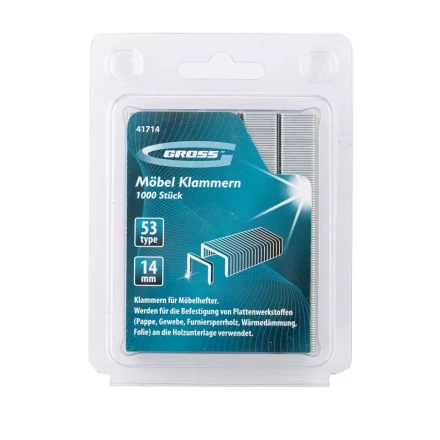 Скобы 14 мм для мебельного степлера усиленные тип 53 1000 шт GROSS 41714 купить в Челябинске