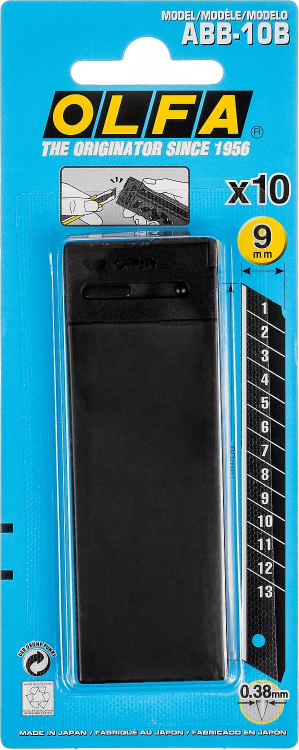 Лезвие OLFA сегментированные BLACK MAX, 9х80х0,38мм, 13 сегментов, 10шт OL-ABB-10B купить в Челябинске