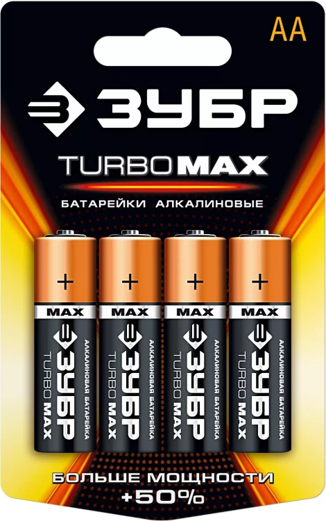 Батарейка ЗУБР "TURBO MAX" щелочная (алкалиновая), тип AA, 1,5В, 4шт на карточке 59206-4C купить в Челябинске