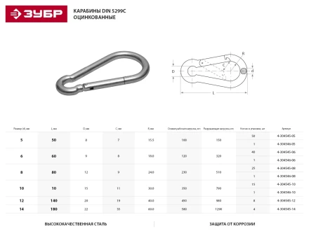 Карабин ЗУБР &quot;МАСТЕР&quot; DIN 5299С, оцинкованный, 6мм, 40 шт 4-304545-06 купить в Челябинске