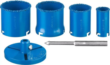 Набор кольцевых коронок ЗУБР &quot;ПРОФЕССИОНАЛ&quot; c карбид-вольфрамовым нанесением, 6 предм. в кейсе: коронки O 33, 53, 67, 73 мм, основание, сверло 33350-H6_z01 купить в Челябинске