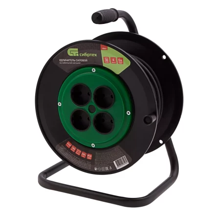 Удлинитель силовой 30 м Сибртех 95863, 16А, тип УХ10, ПВС, на кабельной катушке, 4 розетки без заземления купить в Челябинске