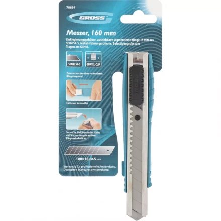 Нож 160 мм метал.корпус выдв. сегм. лезвие 18 мм SK-5 метал. напр-щая клипса для ремня GROSS 78897 купить в Челябинске