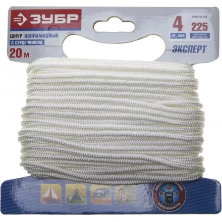 Шнур ЗУБР полиамидный, плетеный, повышенной нагрузки, с сердечником, белый, d 4, 20м 50310-04-020 купить в Челябинске
