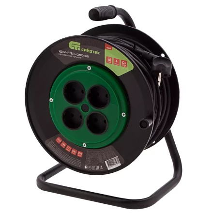 Удлинитель силовой 50 м, 16А, тип УХ10, ПВС, на кабельной катушке, 4 розетки без заземления Сибртех 95865 купить в Челябинске