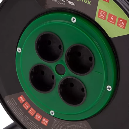 Удлинитель силовой 50 м, 16А, тип УХ10, ПВС, на кабельной катушке, 4 розетки без заземления Сибртех 95865 купить в Челябинске