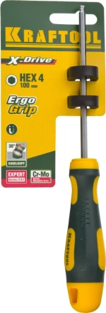 Отвертка KRAFTOOL, Cr-Mo-V сталь, двухкомпонентная противоскользящая рукоятка, HEX, №4x100мм 250075-4-100 купить в Челябинске