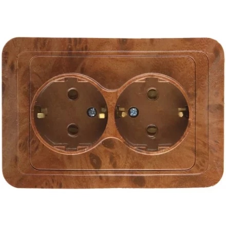 Розетка СВЕТОЗАР &quot;ГАММА&quot; с заземлением, двойная, цвет орех, 16А/~250В SV-54107-N купить в Челябинске