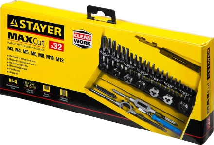Набор метчиков и плашек STAYER &quot;MASTER&quot;, плашки 7шт, метчики компл. 21шт, метчикодерж. 1шт, плашкодерж. 1шт, резьбомер 1шт, отвертка 1шт, 32 предмета 28014-H32 купить в Челябинске