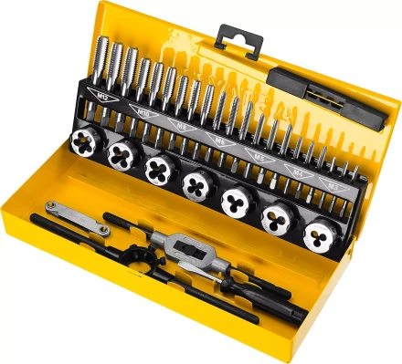 Набор метчиков и плашек STAYER &quot;MASTER&quot;, плашки 7шт, метчики компл. 21шт, метчикодерж. 1шт, плашкодерж. 1шт, резьбомер 1шт, отвертка 1шт, 32 предмета 28014-H32 купить в Челябинске