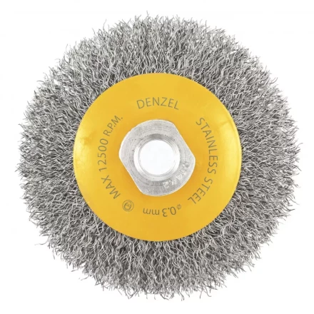 Щетка для УШМ 100 мм Тарелка витая нержавеющая проволока 0.3 мм М14 Denzel 746083 купить в Челябинске