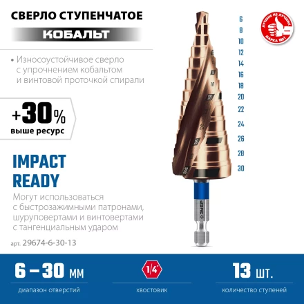 ЗУБР КОБАЛЬТ 6-30мм, 13 ступеней, винтовая проточка, сверло ступенчатое, ПРОФЕССИОНАЛ (29674-6-30-13) купить в Челябинске