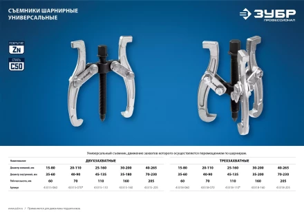 ЗУБР внешний d 30 - 200 мм, внутренний d 35 - 200 мм, шарнирный трехзахватный съемник, Профессионал (43318-160) купить в Челябинске