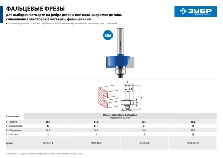 ЗУБР 38.1 x 13 мм, хвостовик 12 мм, фреза фальцевая, Профессионал (28758-38.1) купить в Челябинске