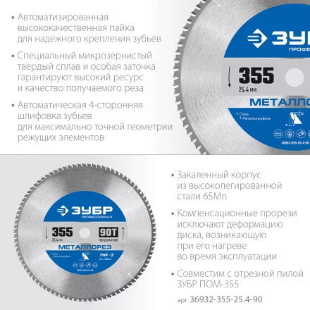 ЗУБР Металлорез, 355 х 25.4 мм, 90Т, пильный диск по металлу и металлопрофилю, Профессионал (36932-355-25.4-90) купить в Челябинске
