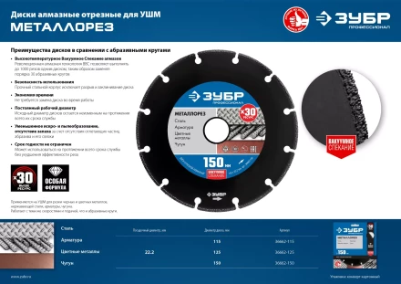 ЗУБР МЕТАЛЛОРЕЗ 115 мм, вакуумное спекание, алмазный диск по металлу, Профессионал (36662-115) купить в Челябинске