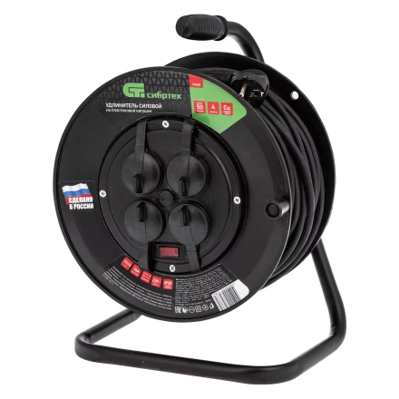 Удлинитель силовой на кабельной катушке, ПВС, 50 м, 4 розетки с крышкой, IP44, 16А, УХз16, Россия Сибртех 96048 купить в Челябинске