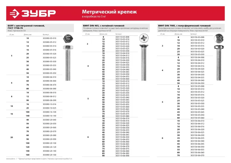 Винт ЗУБР "МАСТЕР" DIN 7985, класс прочности 4.8, оцинкованный, M6x70мм, 5кг 303150-06-070 купить в Челябинске