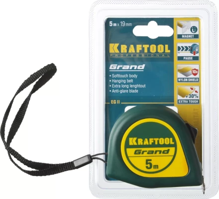 Рулетка KRAFTOOL GRAND, обрезиненный пластиковый корпус, 5м/19мм 34022-05-19 купить в Челябинске