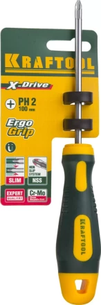 Отвертка KRAFTOOL, Cr-Mo-V сталь, двухкомпонентная противоскользящая рукоятка, PH, №2x100мм 250072-2-100 купить в Челябинске