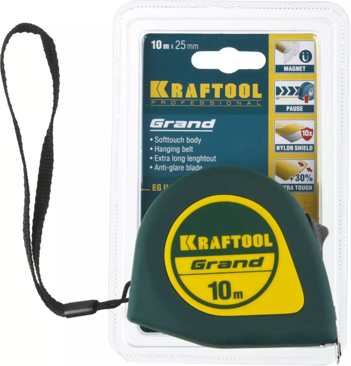 Рулетка KRAFTOOL GRAND, обрезиненный пластиковый корпус, 10м/25мм 34022-10-25 купить в Челябинске